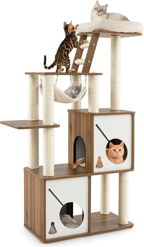 costway wood cat tree modern cats climbing tower  scratching posts