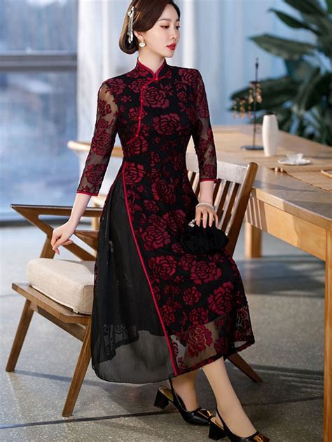 Red Mothers Floral A Line Cheongsam Qipao Dress CozyLadyWear