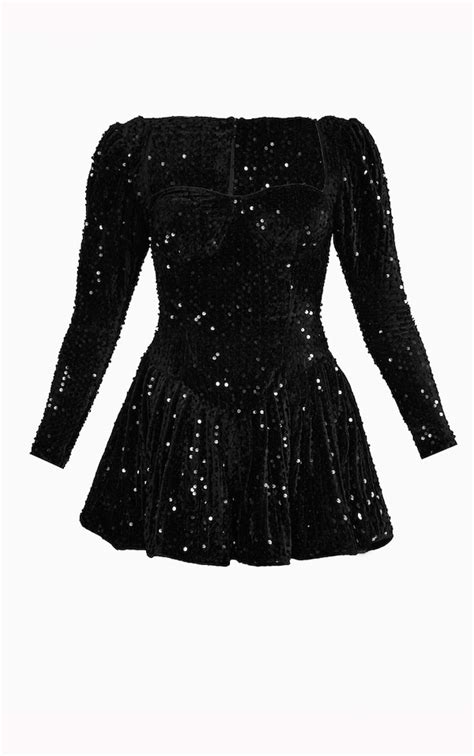 Black Sequin Cup Long Sleeve Skater Playsuit Jumpsuits And Playsuits Prettylittlething