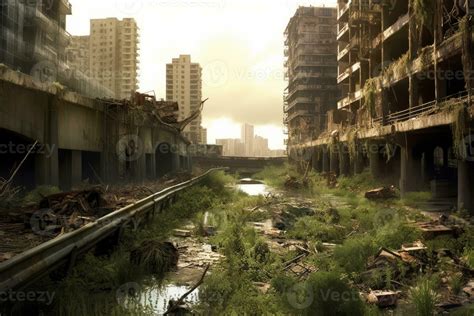 An Image Depicting A Deserted City With Overgrown Vegetation And