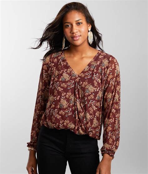 Daytrip Floral Mesh Surplice Top Womens Shirts And Blouses In Burgundy Multi Buckle