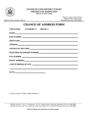 Fillable Online Mdd Uscourts Change Of Address Form Us District Court