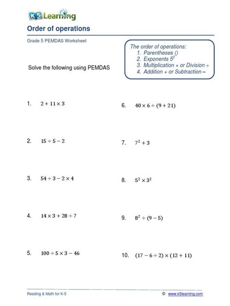 Order Of Operations Pemdas Worksheet