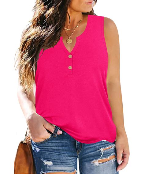 Hot Pink Button Up Notched V Neck Tank Top Ritera