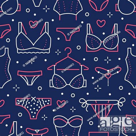 Lingerie Seamless Pattern With Flat Line Icons Of Bra Types Panties