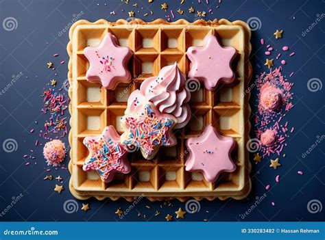 Golden Waffle Texture With Pink Icing And Sprinkles Stock Illustration