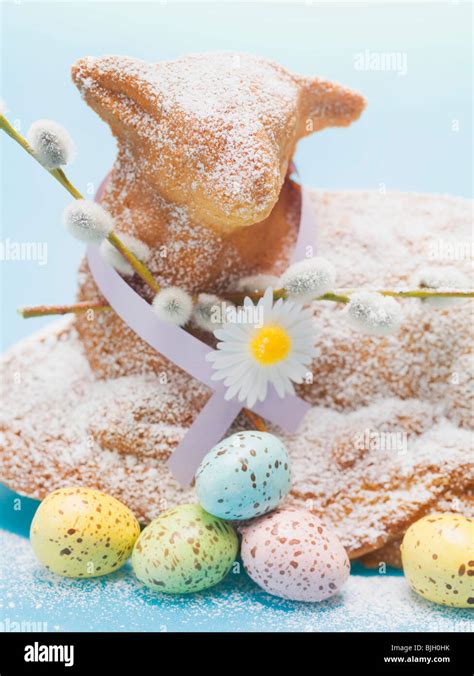 Baked Easter Lamb With Pussy Willow And Easter Eggs Detail Stock Photo