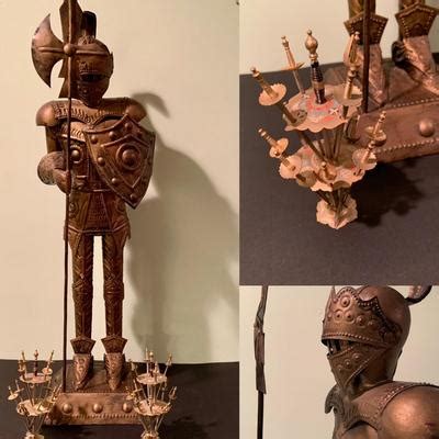 LOT 208 Vintage Large Knight With Suit Of Armor Metal Statue And 2