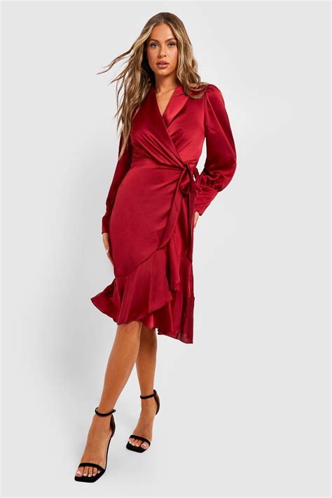 Boohoo Satin Ruffle Wrap Midi Dress Debenhams