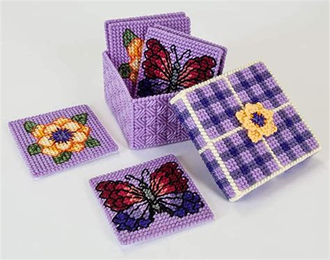 Summer Flutter Coasters And Holder Plastic Canvas Kit Set Of 6 Plastic Canvas