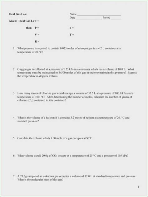 Ideal Gas Law Worksheet With Answers Pdf