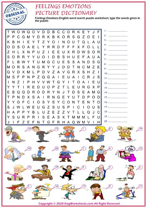 Feelings And Emotions English Word Search Puzzle Worksheet Type The