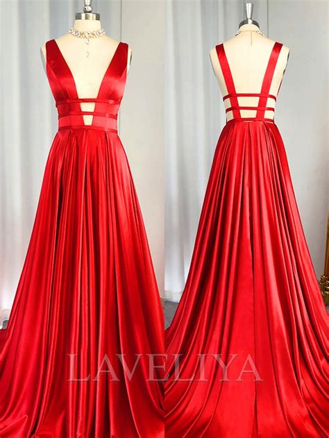 A Line V Neck Ruffles Sweep Train Elastic Woven Satin Dress Laveliya