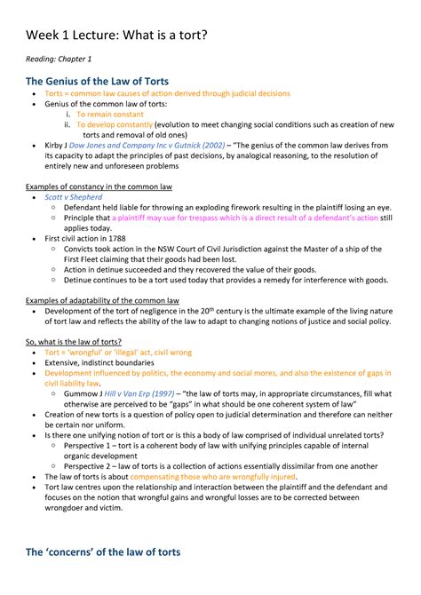 Tort Law Law Of Torts Summary From Lectures And Tutorials Warning