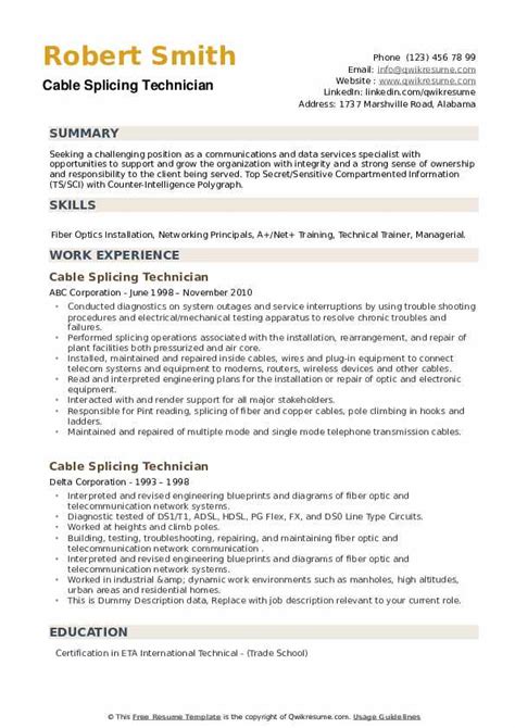 Cable Splicing Technician Resume Samples QwikResume