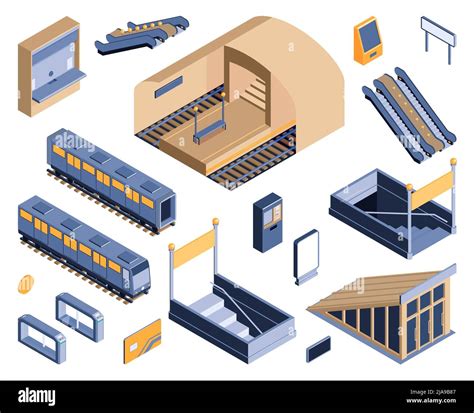 Subway Metro Underground Railway Transportation Isometric Set With