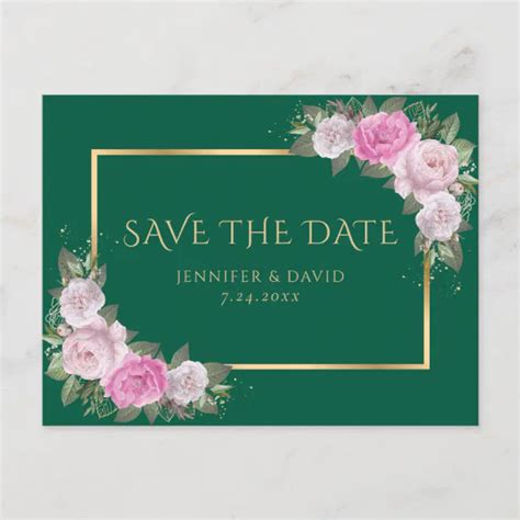 Emerald Green Gold Blush Pink Floral Save The Date Announcement