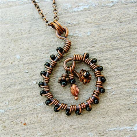 Antiqued Copper Wire Wrapped Swirl Necklace With Black Beads And Dangles Wire Jewelry Wire