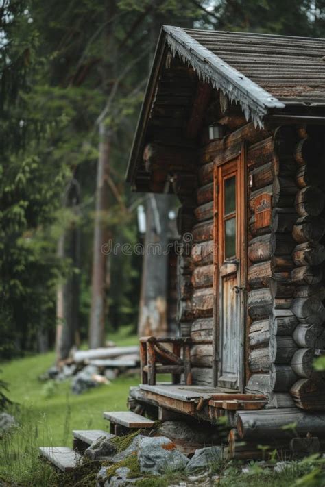 A Quaint Log Cabin With A Wooden Bench In Front Of It Ideal For Rustic