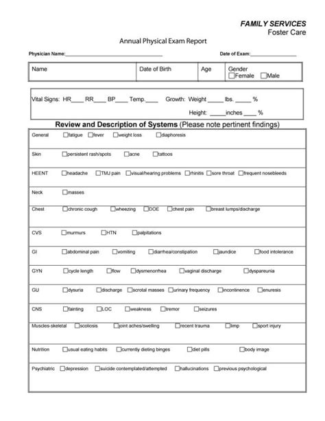 Printable Medical Physical Exam Forms