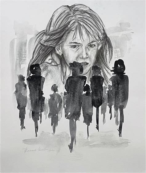 A Black And White Drawing Of A Woman S Face Surrounded By Silhouettes