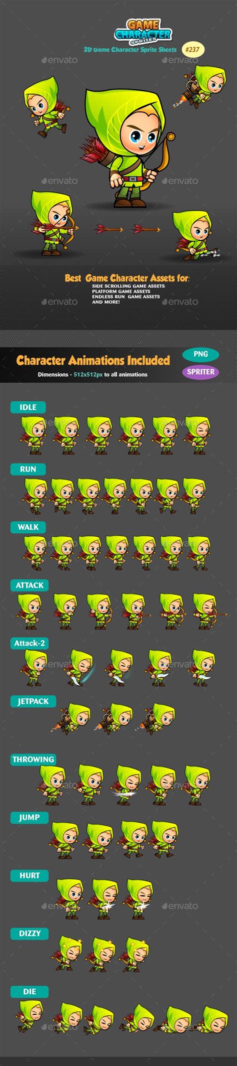 Archer 2d Game Character Sprites 237 Game Assets Graphicriver