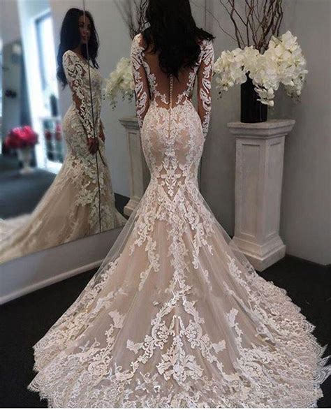 Long Sleeves Champagne Mermaid Wedding Dresses Lace Illusion Neck