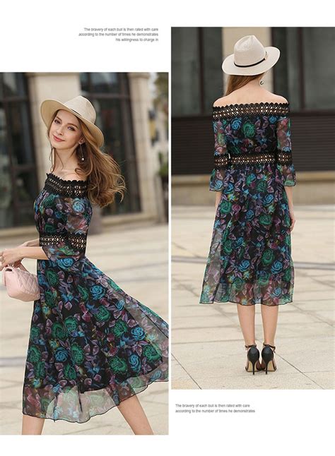 Azbro Floral Print Slash Neck Midi Chiffon Dress Blue Or Green Pattern