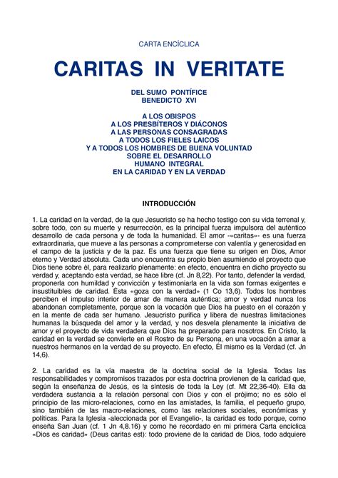 Caritas En Veritate Carta Enc Clica Caritas In Veritate Del Sumo