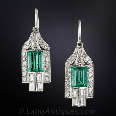 Art Deco Style Emerald And Diamond Earrings Antique Vintage