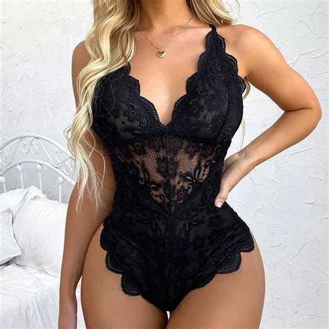 Bodysuit De Renda Com Decote Em V Profundo Feminino Lingerie Sexy