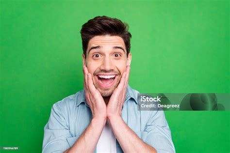 Close Up Photo Of Amazing Macho Guy Holding Arms On Cheeks Looking On