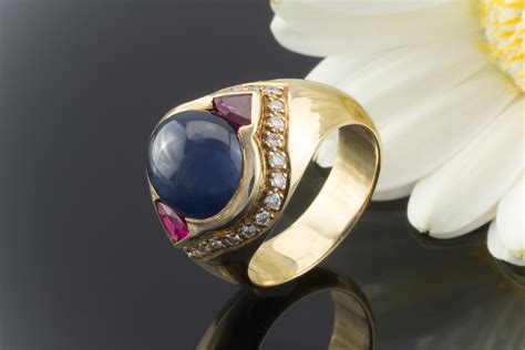 Saphir Cabochon Rubine Brillanten Er Gold Ring Goldschmiedearbeit