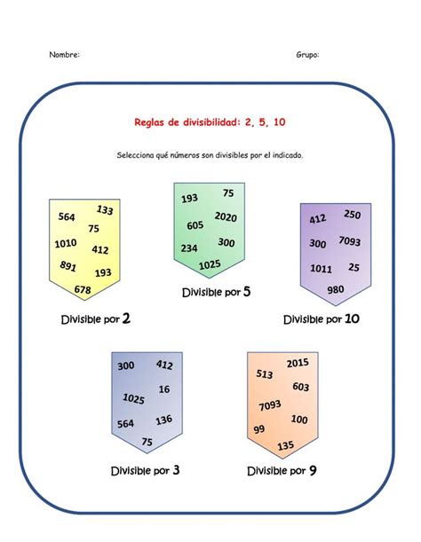 Práctica Reglas divisibilidad 2 3 5 9 10 worksheet Divisibilidad