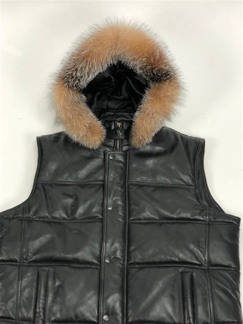 Mens Leather Bubble Vest With Premium Fox Fur Hood Leatherkloset
