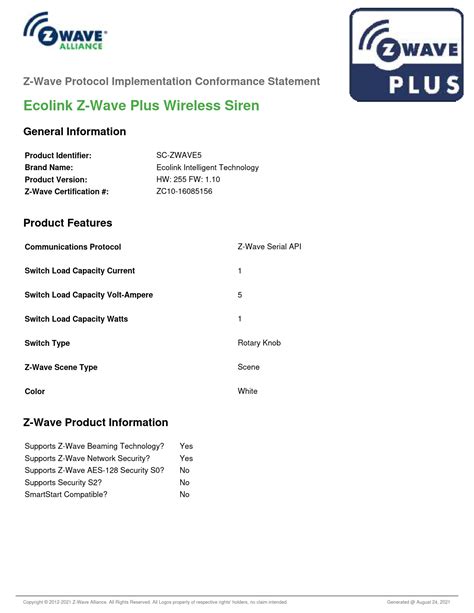 Ecolink Z Wave Plus Wireless Siren Protocol Implementation