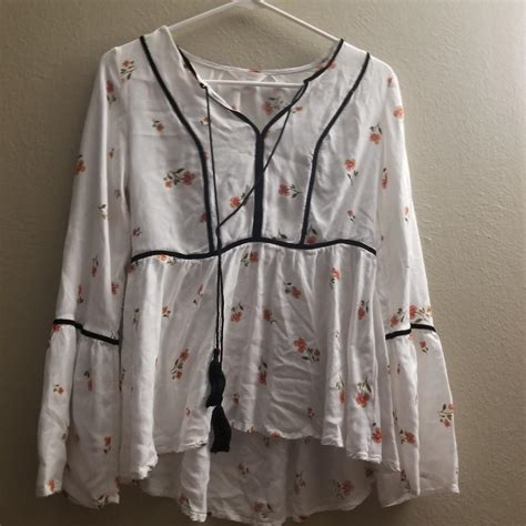 LC Lauren Conrad Women S White And Orange Blouse Depop