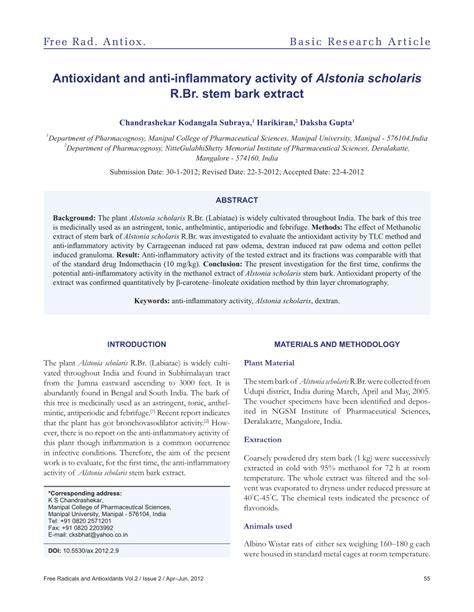 PDF Antioxidant Anti Inflammatory Activity Of Alstonia Scholaris R Br