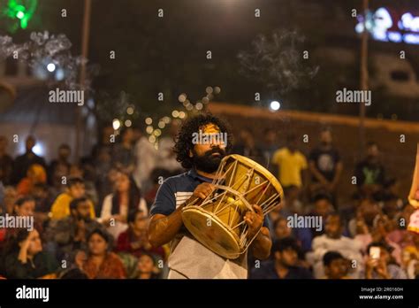 Ganga aarti, Portrait of an young priest performing river ganges ...