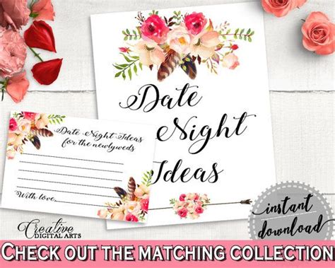 Blush Flowers Date Night Ideas Cards And Sign Printable Pink Yellow Bridal Shower Date Night