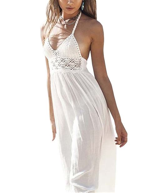 Lilbetter Womens Beach Crochet Backless Bohemian Halter Maxi Long