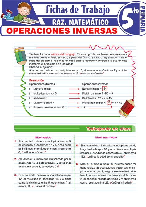 Operaciones inversas para Quinto Grado de Primaria También llamado