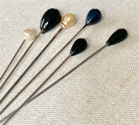 Antique Vintage Hat Pins Lot Of 6 Black Pearl Stick Pins Brooch Wedding