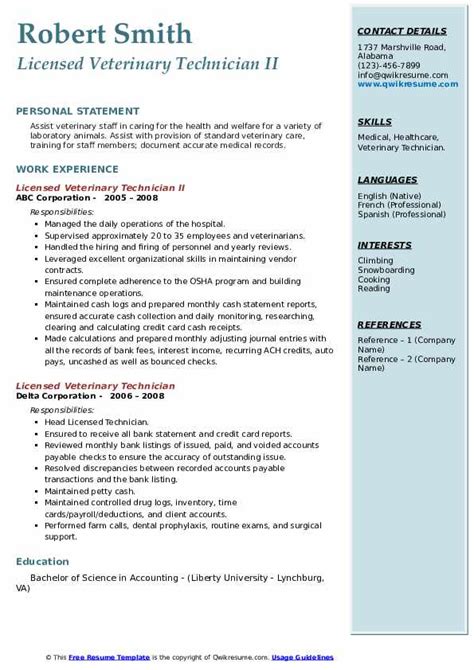 Licensed Veterinary Technician Resume Samples Qwikresume