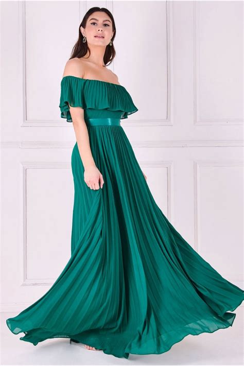 Goddiva Pleated Chiffon Off Shoulder Maxi Dress Green Sale From Yumi UK