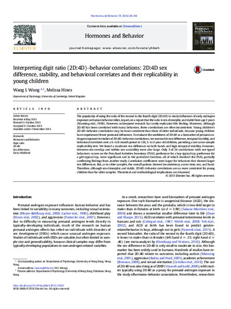 Pdf Interpreting Digit Ratio 2d4dbehavior Correlations 2d4d Sex