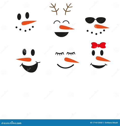 Cute Funny Snowman Face Set Vector Illustration Stock Vector