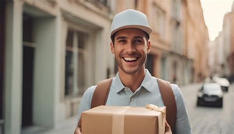 Premium Photo Smiling Delivery Man In Cap Holding Parcel And Looking