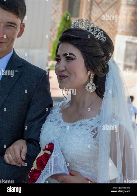 Bridal Couple At Registan Square Samarkand Uzbekistan Asia Stock