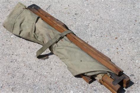 Old Folding Camp Cot Wwii Vintage Wood And Canvas Army Cot Portable Field Gear Camping Bed